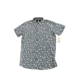 Flomotion Men's shark tooth Print Blue Short Sleeve Button-Up Shirt M